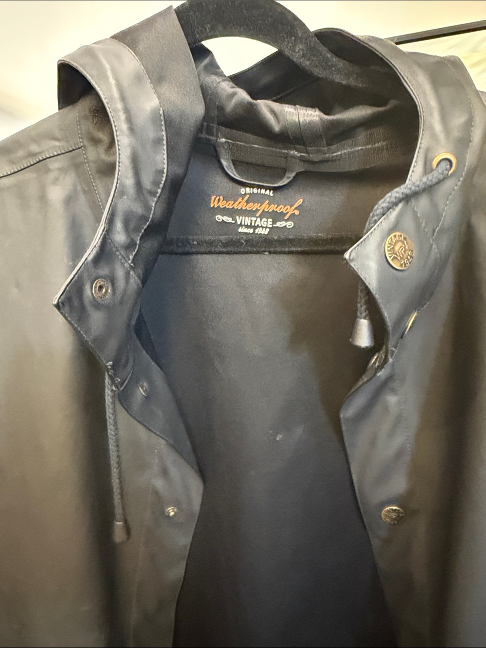 Weatherproof Men’s Black Hooded Raincoat with Snap Front and Drawcord